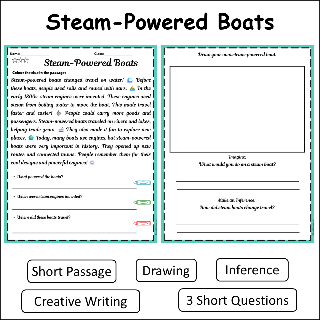 Steam-Powered Boats | Short Reading Comprehension Creative Worksheet