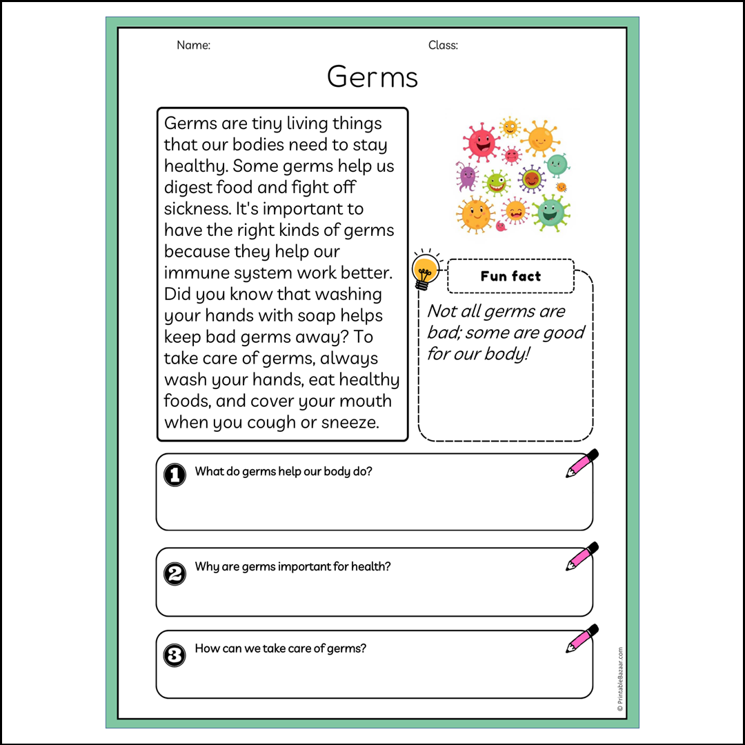 Germs | Reading Passage Comprehension Questions Writing Facts Worksheet