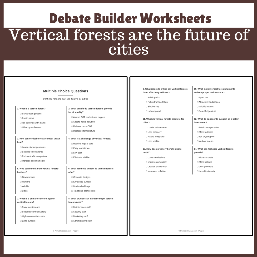 Vertical forests are the future of cities | Favour and Against Worksheet Printable Activity