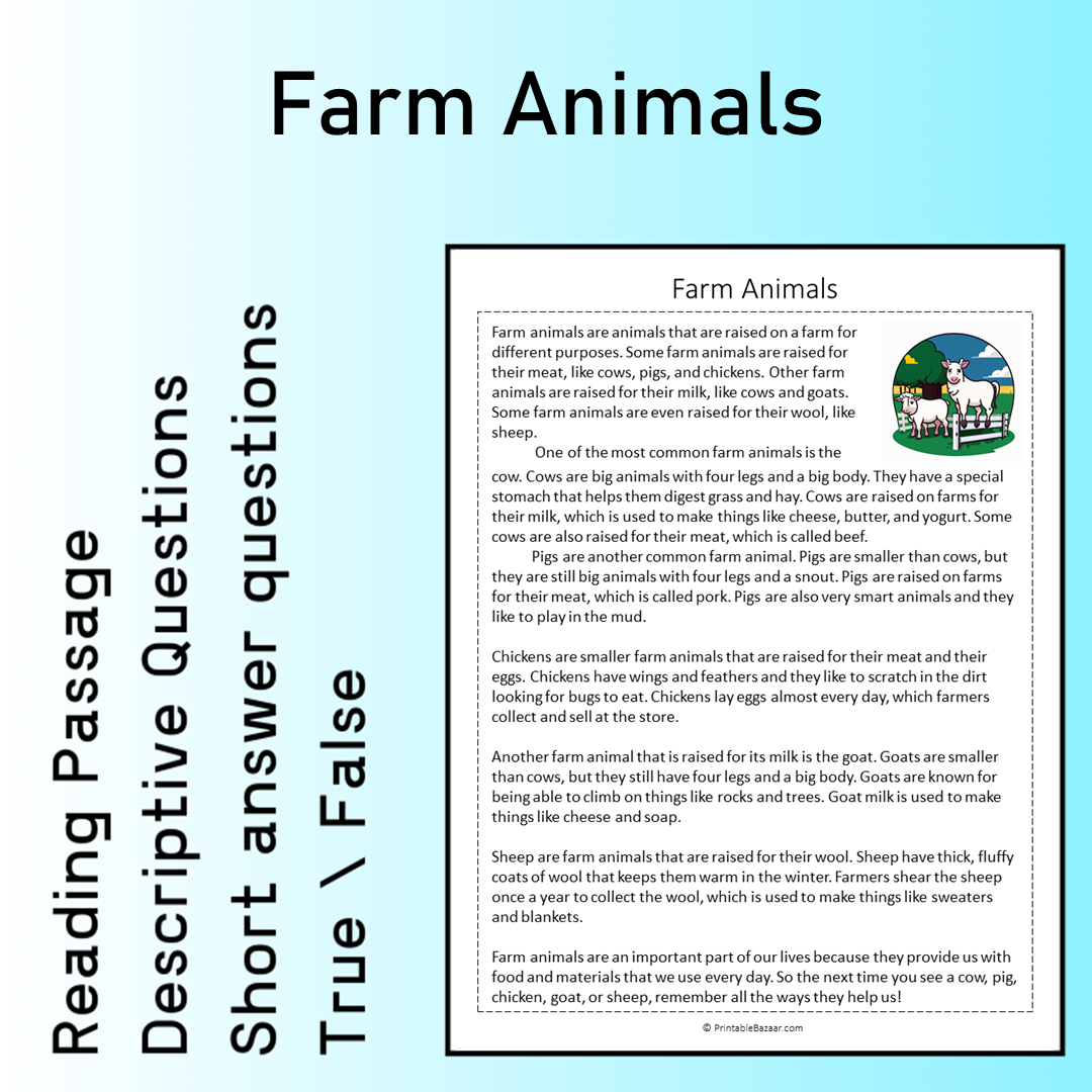 Farm Animals | Reading Comprehension Passage Printable Worksheet