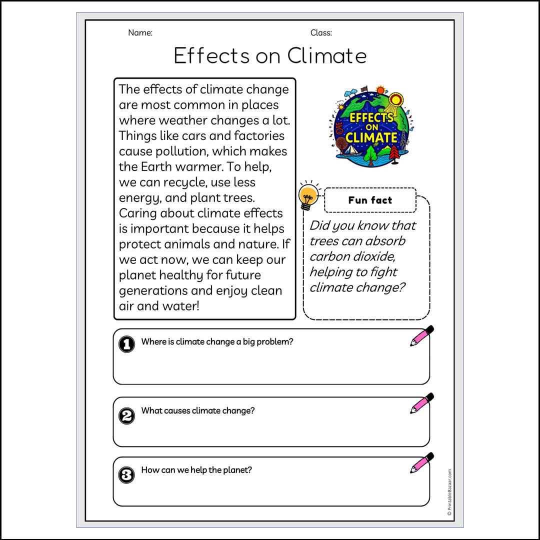 Effects on Climate | Reading Passage Comprehension Questions Writing Facts Worksheet