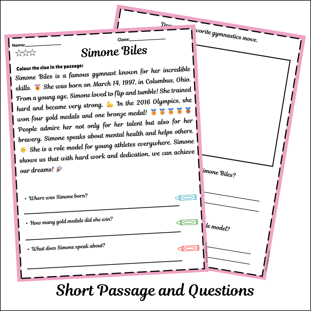 Simone Biles | Short Reading Comprehension Creative Worksheet