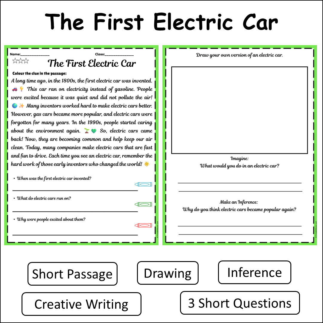 The First Electric Car | Short Reading Comprehension Creative Worksheet