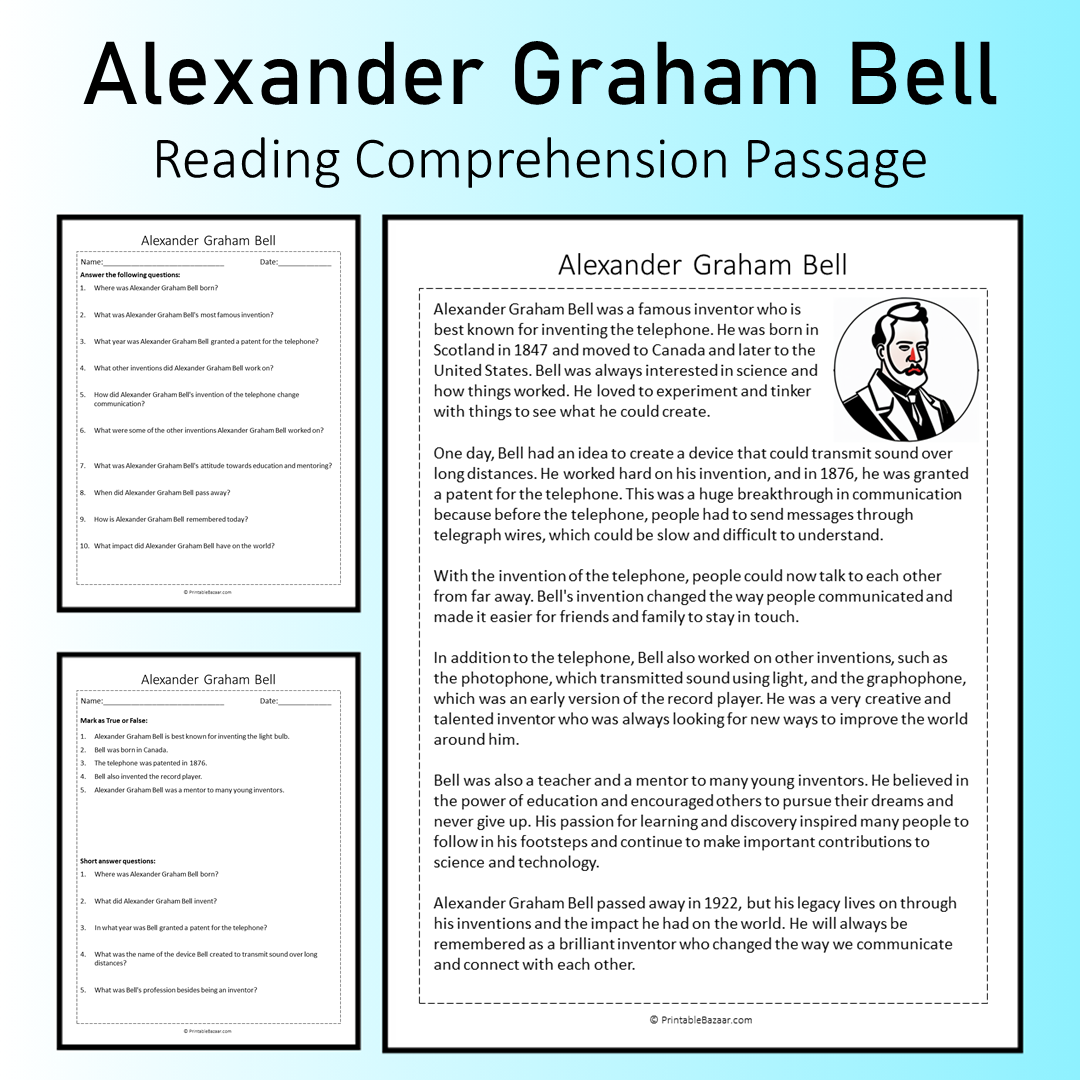 Alexander Graham Bell | Reading Comprehension Passage Printable Worksheet