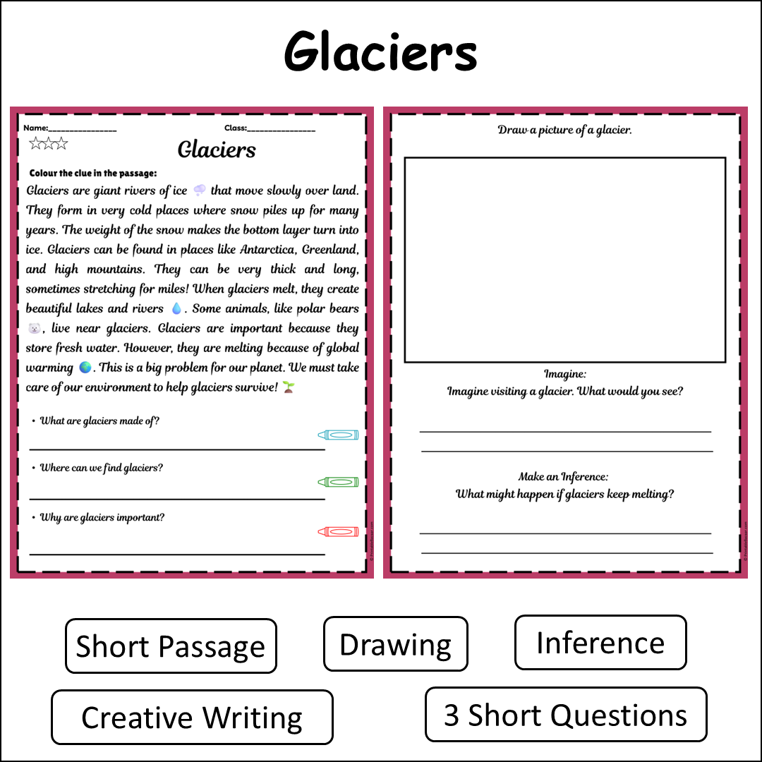 Glaciers | Short Reading Comprehension Creative Worksheet
