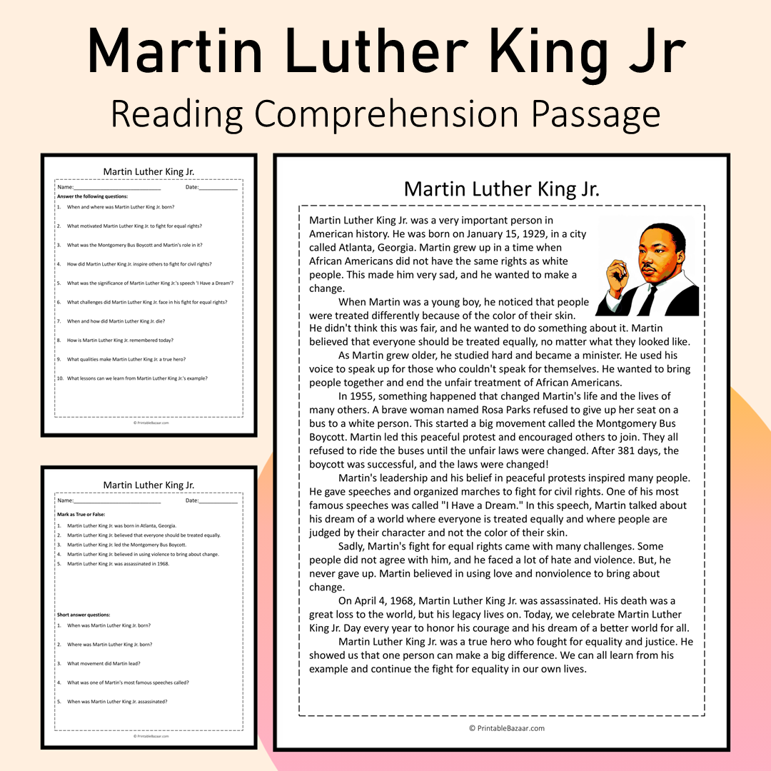 Martin Luther King Jr | Reading Comprehension Passage Printable Activity