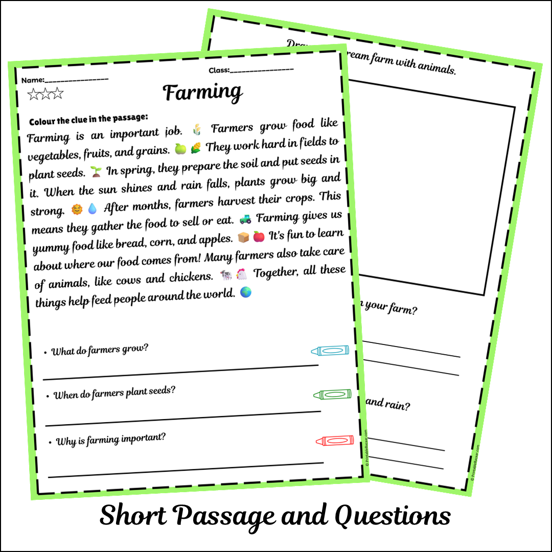 Farming | Short Reading Comprehension Creative Worksheet
