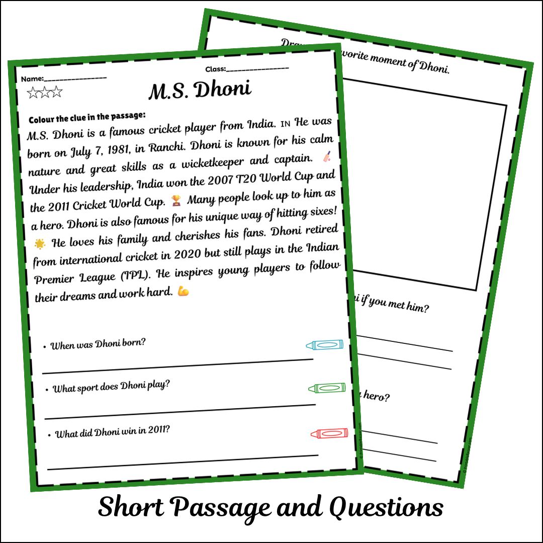 M.S. Dhoni | Short Reading Comprehension Creative Worksheet