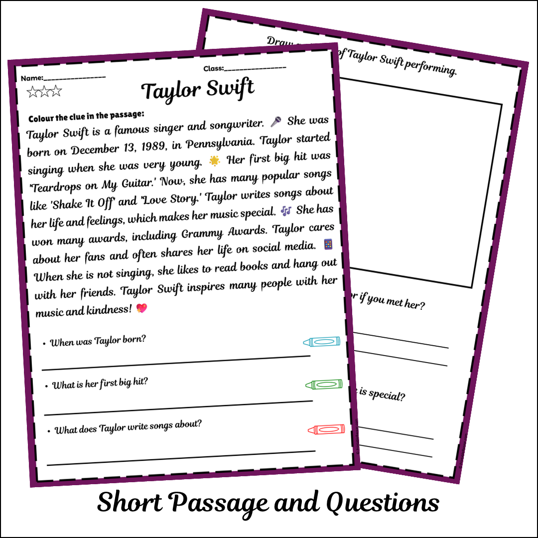 Taylor Swift | Short Reading Comprehension Creative Worksheet