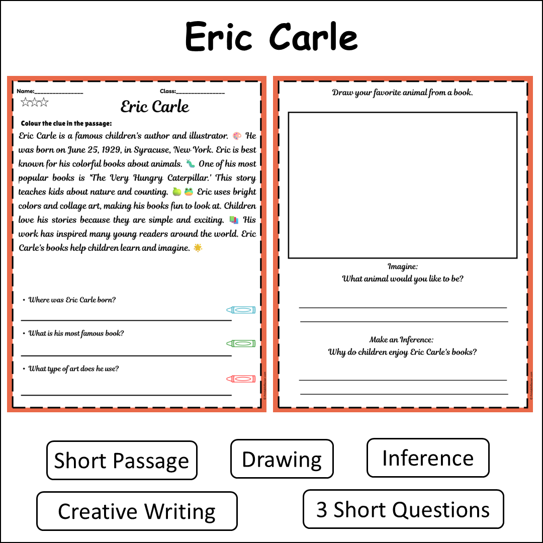 Eric Carle | Short Reading Comprehension Creative Worksheet