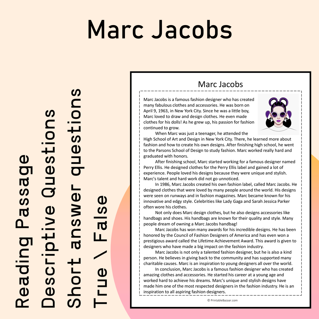 Marc Jacobs | Reading Comprehension Passage Printable Activity