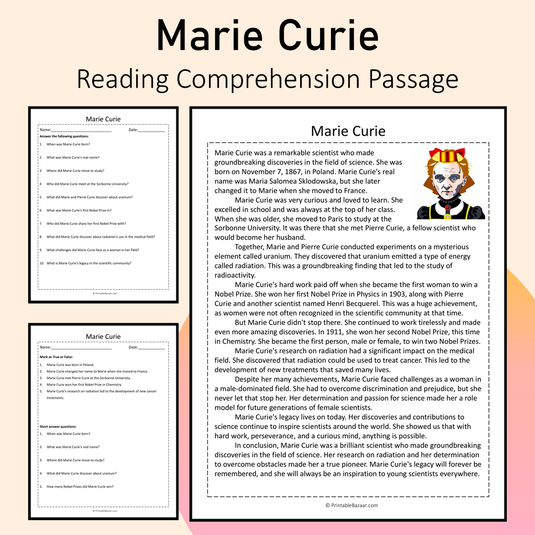 Marie Curie | Reading Comprehension Passage Printable Activity