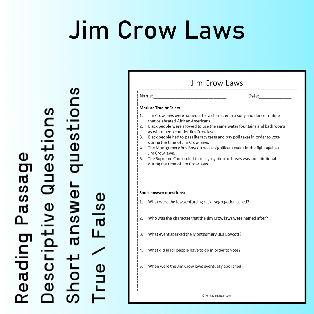 Jim Crow Laws | Reading Comprehension Passage Printable Worksheet