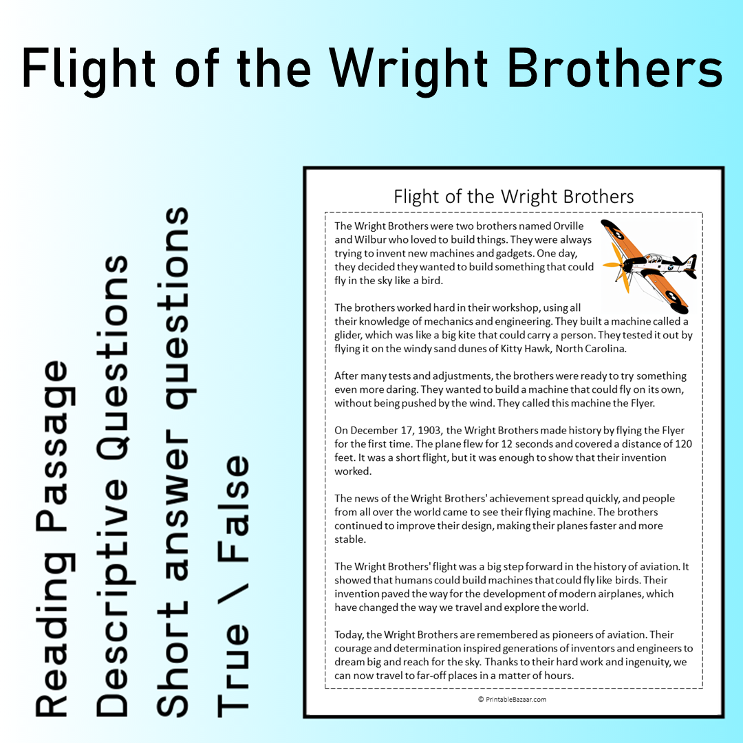 Flight of the Wright Brothers | Reading Comprehension Passage Printable Worksheet