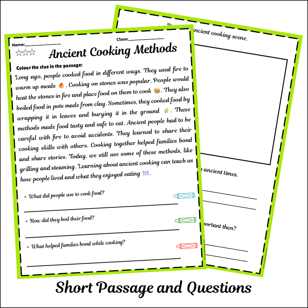 Ancient Cooking Methods | Short Reading Comprehension Creative Worksheet
