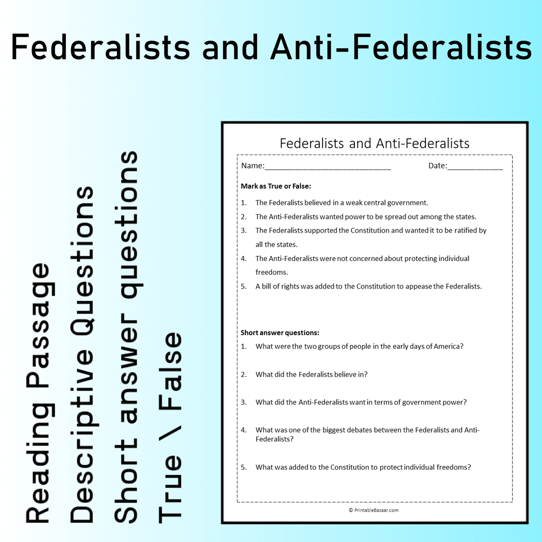 Federalists and Anti-Federalists | Reading Comprehension Passage Printable Worksheet