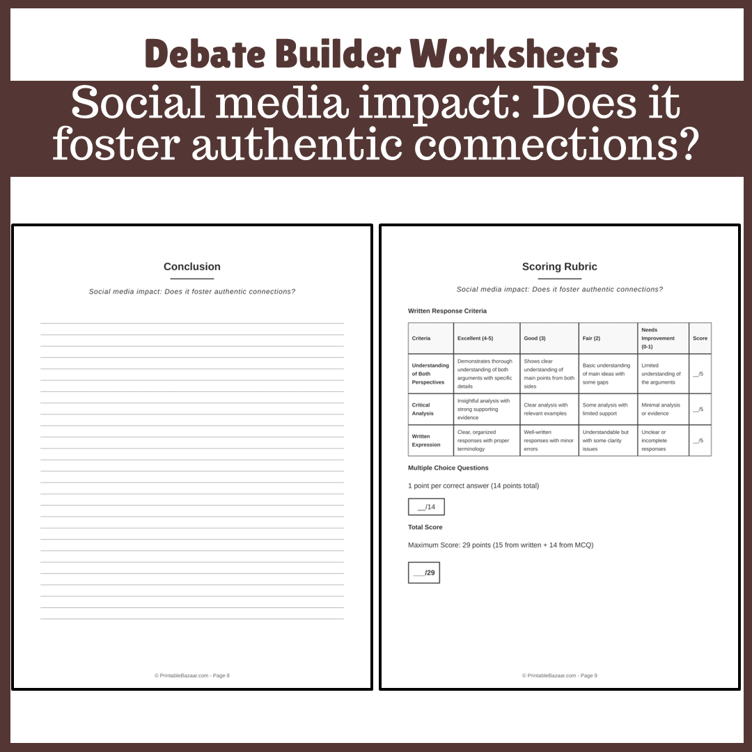Social media impact: Does it foster authentic connections? | Favour and Against Worksheet Printable Activity