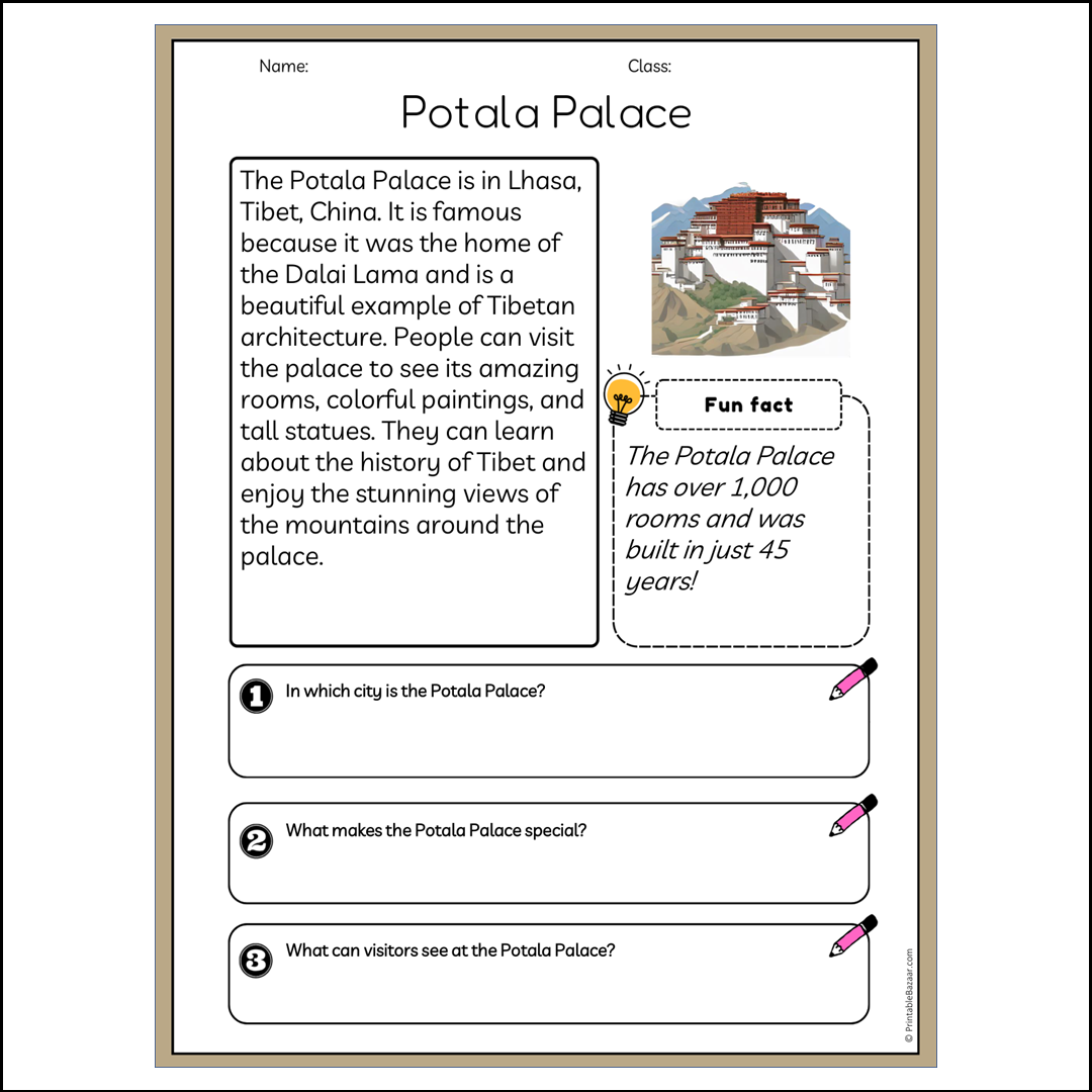 Potala Palace | Reading Passage Comprehension Questions Writing Facts Worksheet