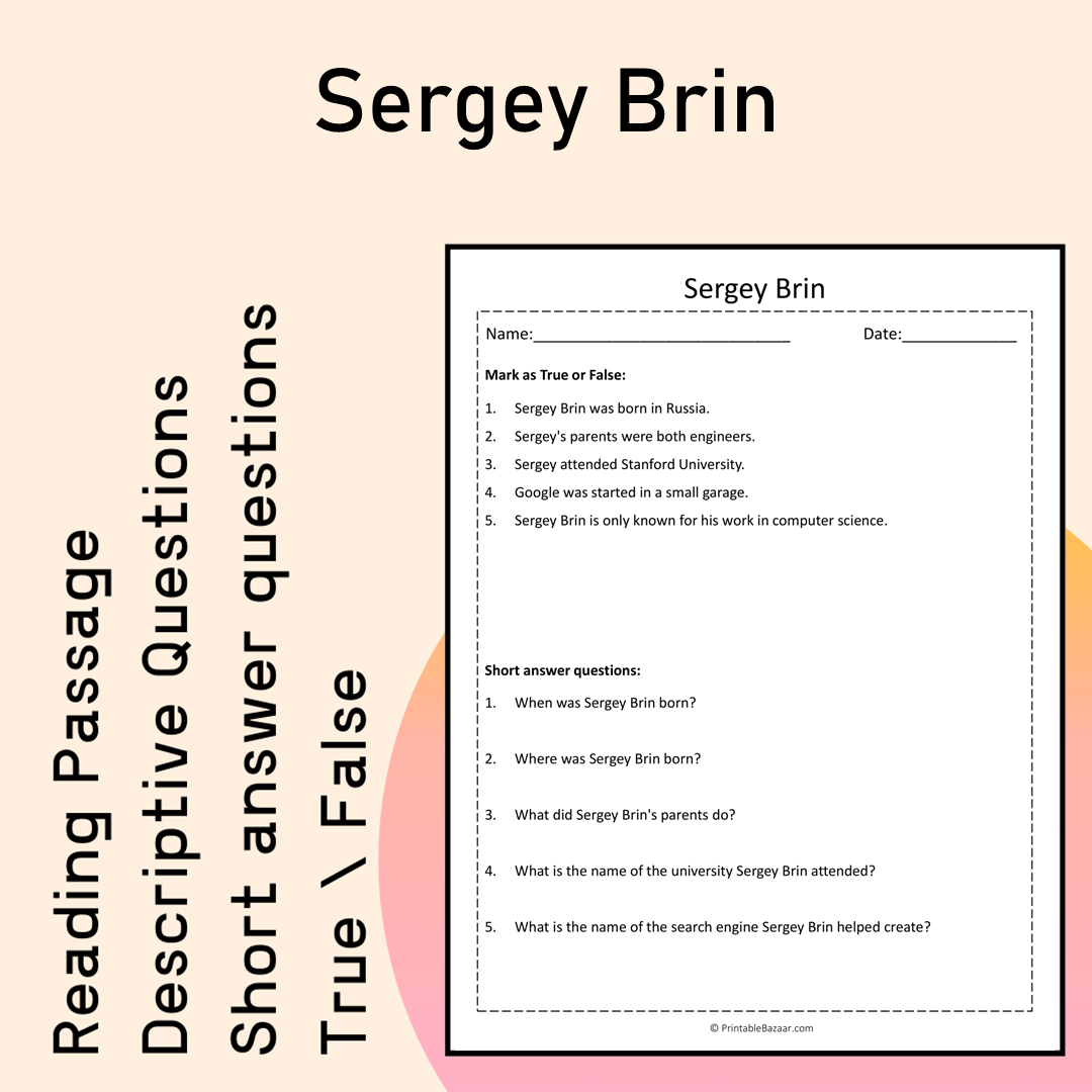 Sergey Brin | Reading Comprehension Passage Printable Activity
