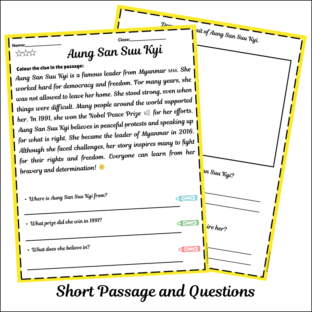Aung San Suu Kyi | Short Reading Comprehension Creative Worksheet