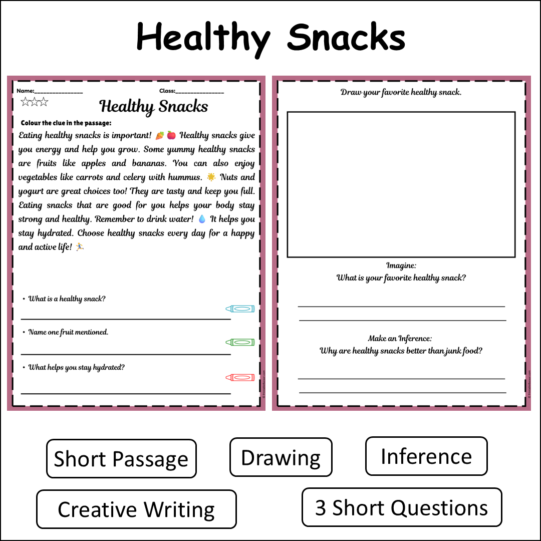 Healthy Snacks | Short Reading Comprehension Creative Worksheet