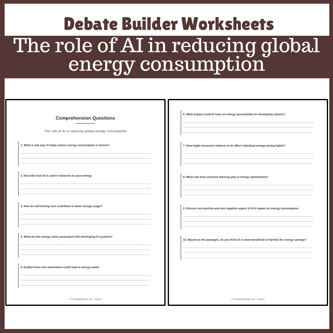 The role of AI in reducing global energy consumption | Favour and Against Worksheet Printable Activity
