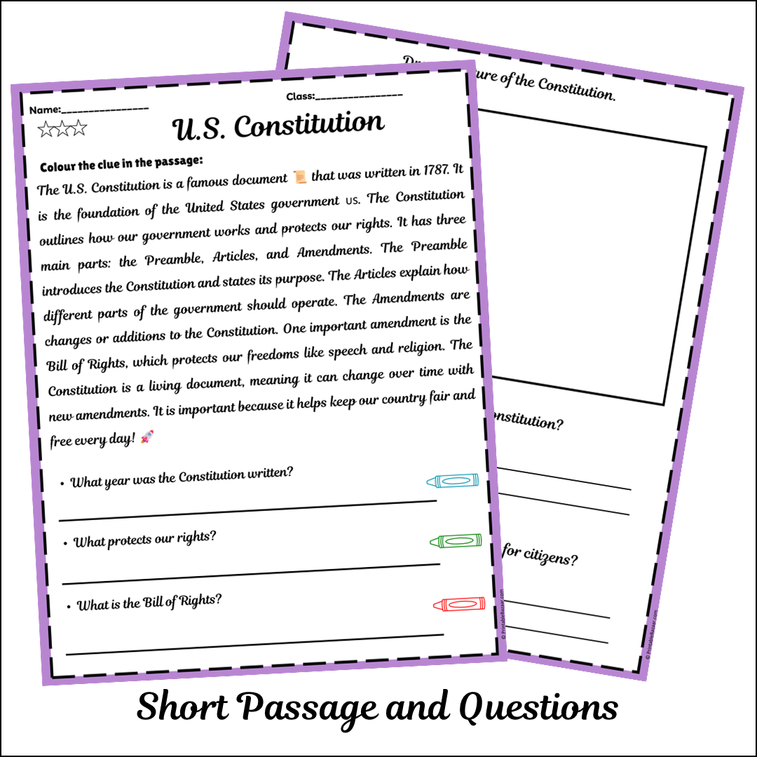 U.S. Constitution | Short Reading Comprehension Creative Worksheet