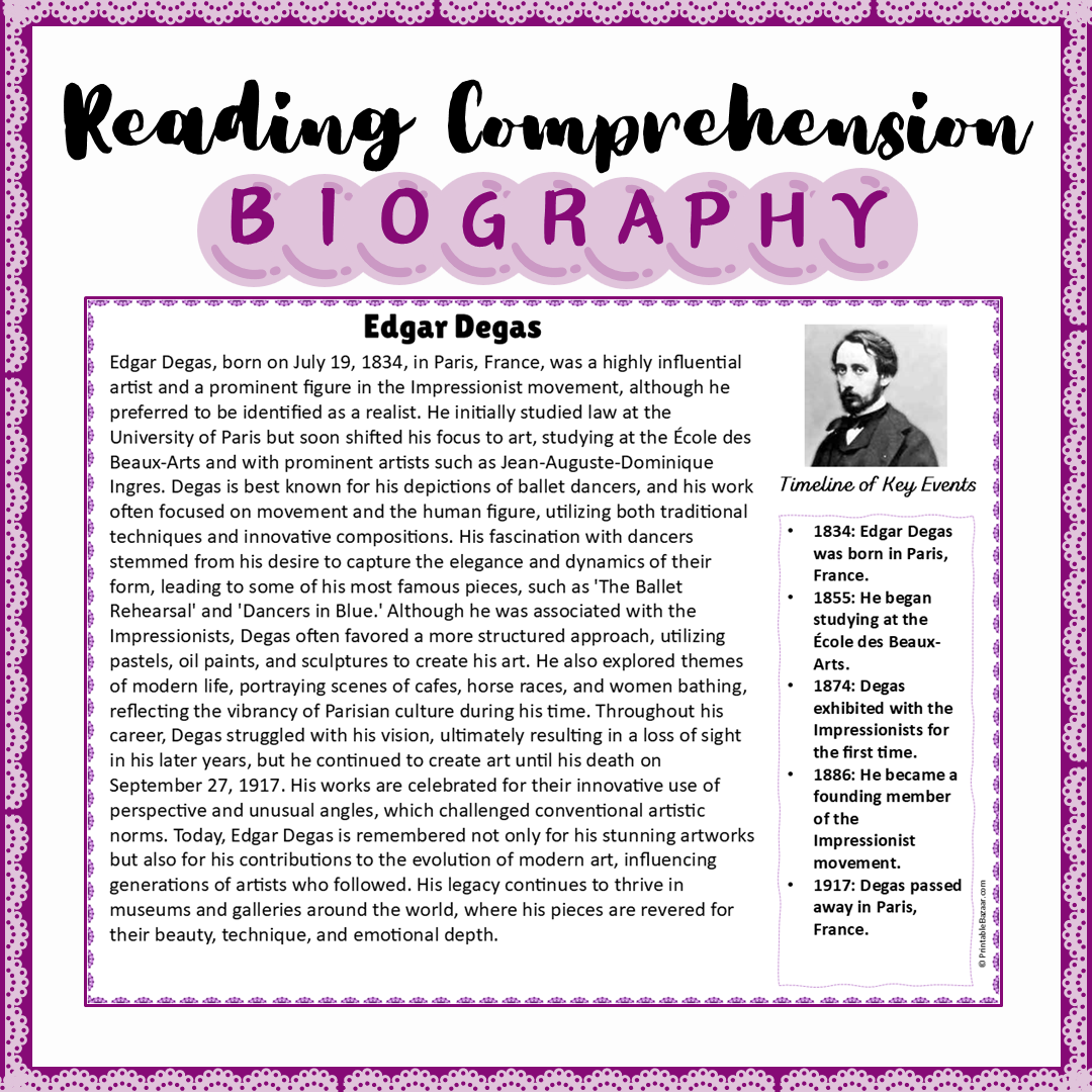 Edgar Degas | Biography Reading Comprehension and Questions Worksheet