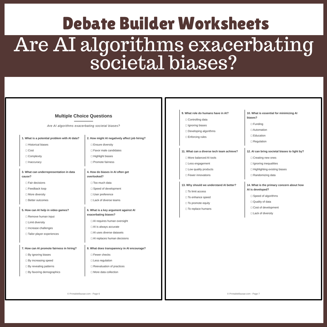 Are AI algorithms exacerbating societal biases? | Favour and Against Worksheet Printable Activity
