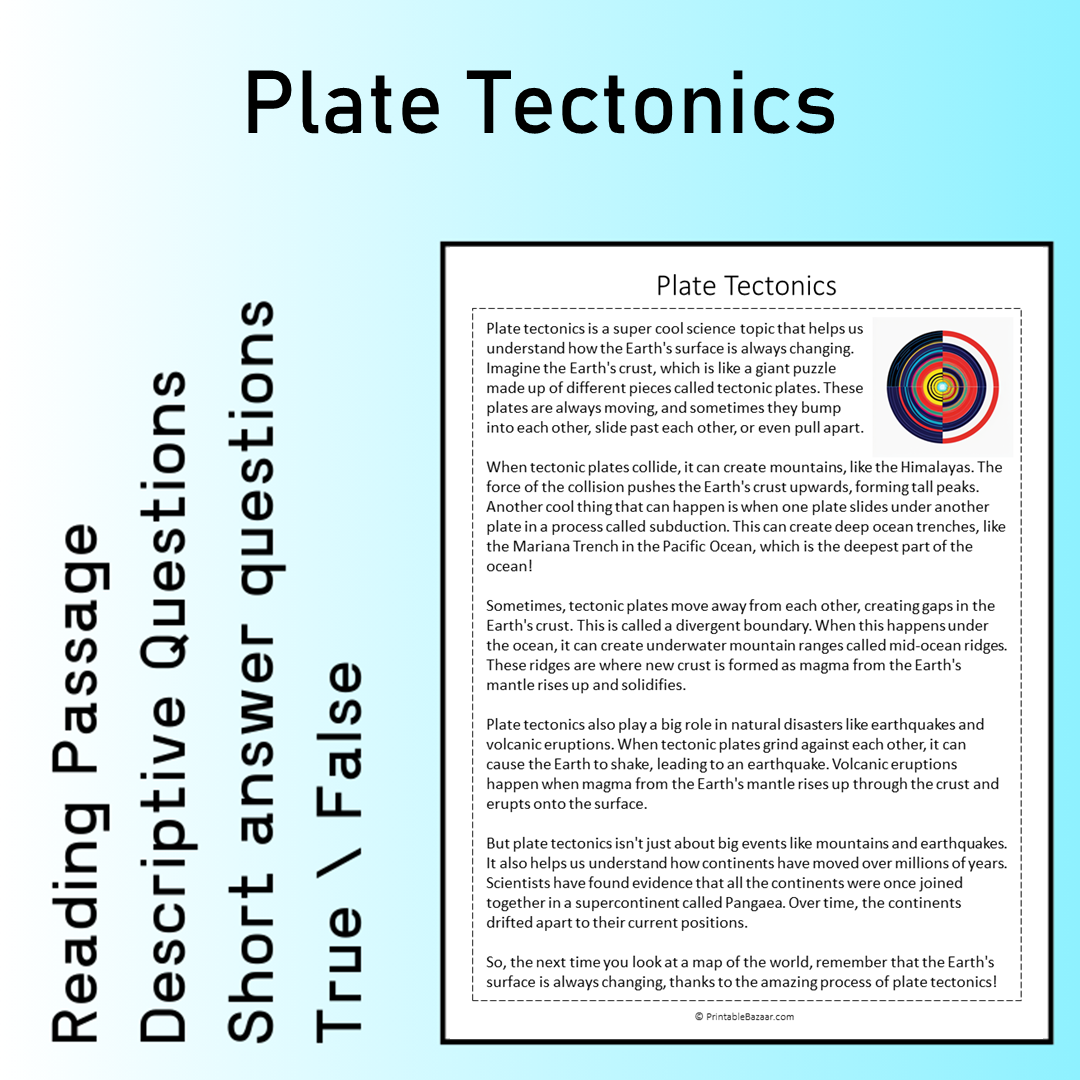 Plate Tectonics | Reading Comprehension Passage Printable Worksheet