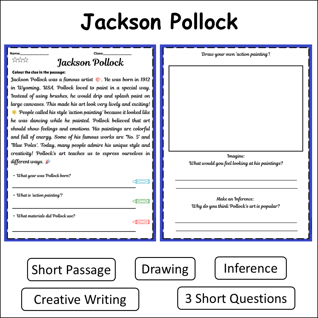 Jackson Pollock | Short Reading Comprehension Creative Worksheet
