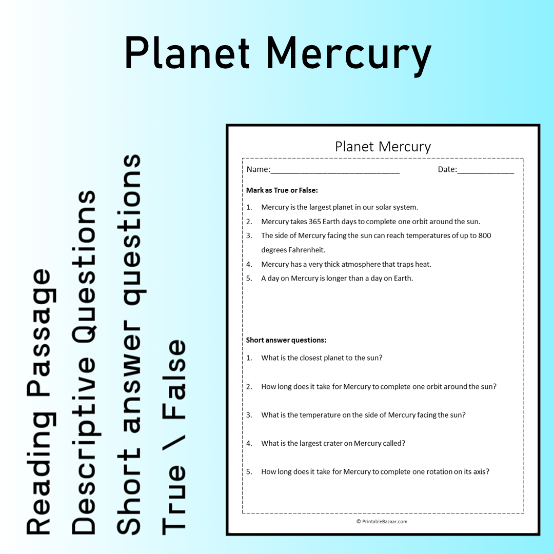 Planet Mercury | Reading Comprehension Passage Printable Worksheet