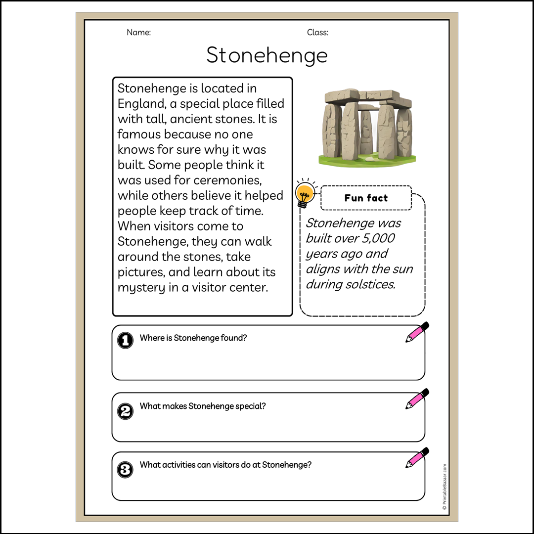 Stonehenge | Reading Passage Comprehension Questions Writing Facts Worksheet