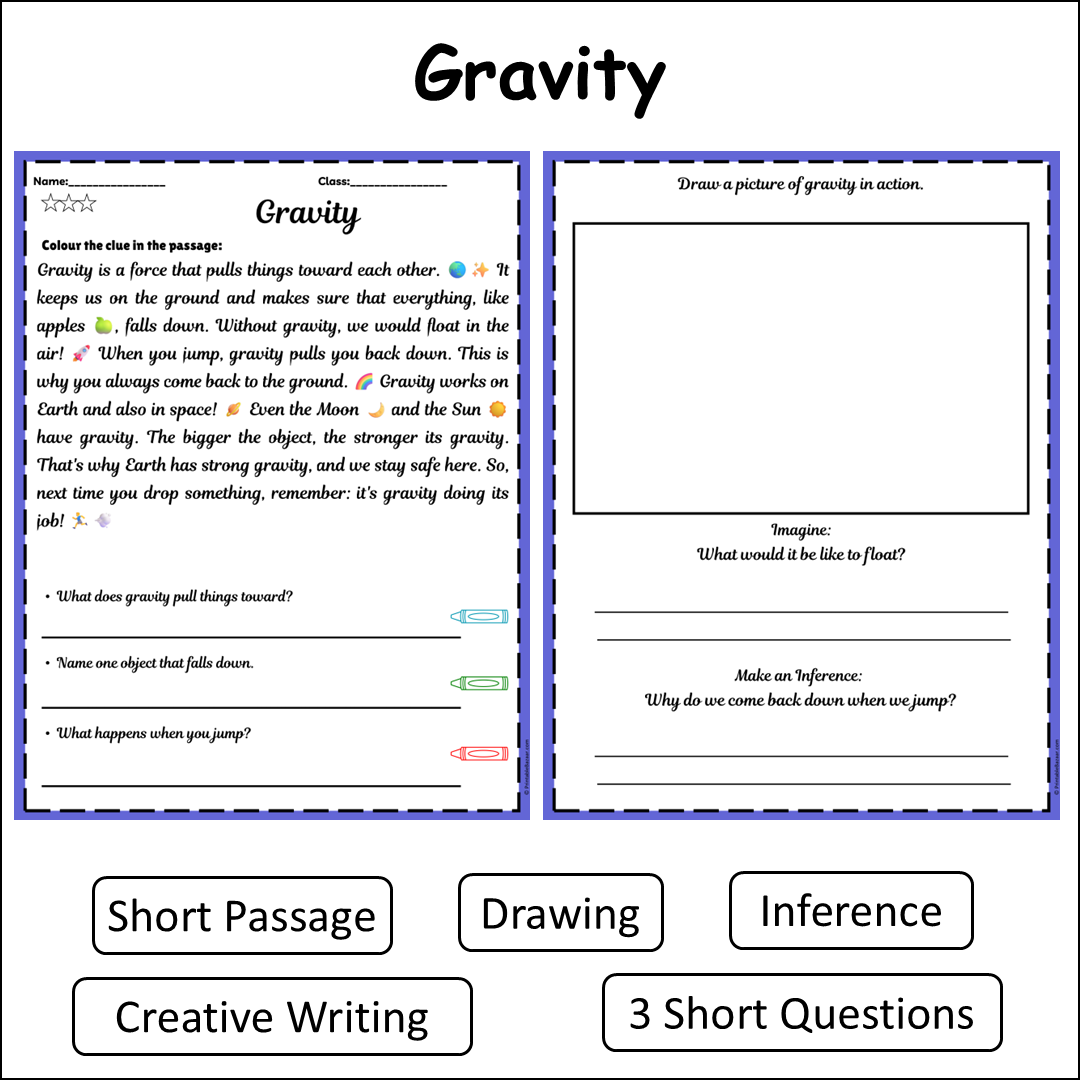 Gravity | Short Reading Comprehension Creative Worksheet