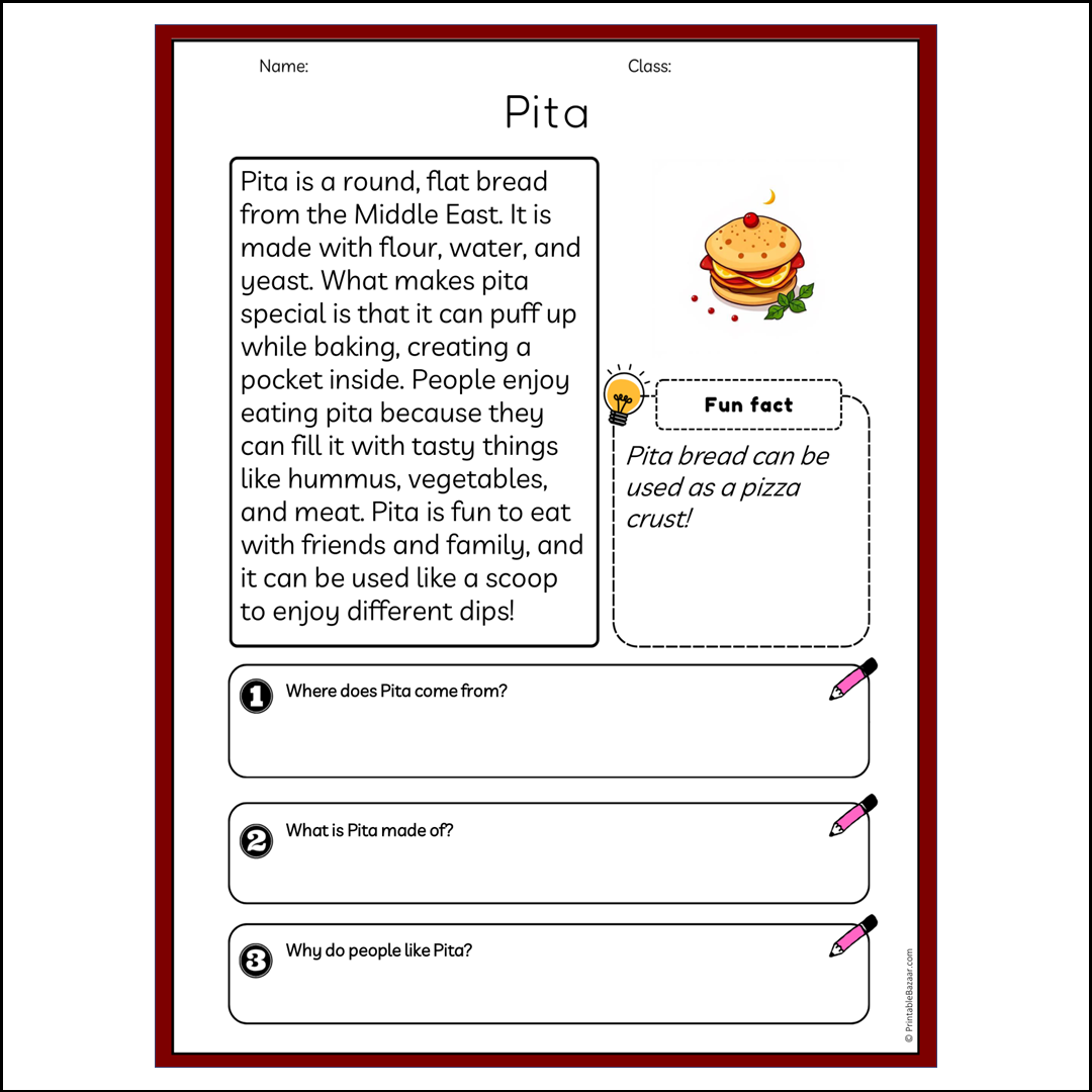 Pita | Reading Passage Comprehension Questions Writing Facts Worksheet