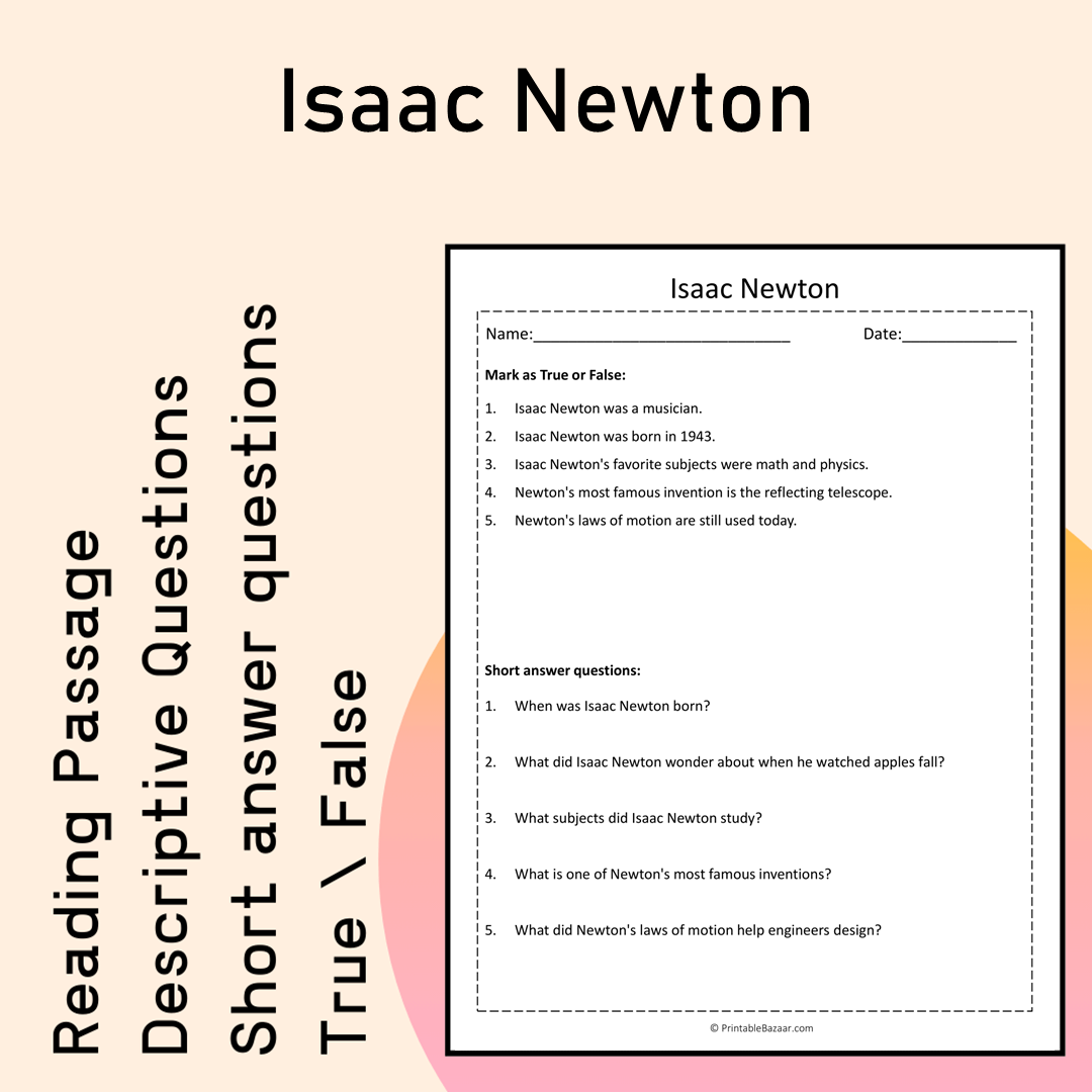 Isaac Newton | Reading Comprehension Passage Printable Activity