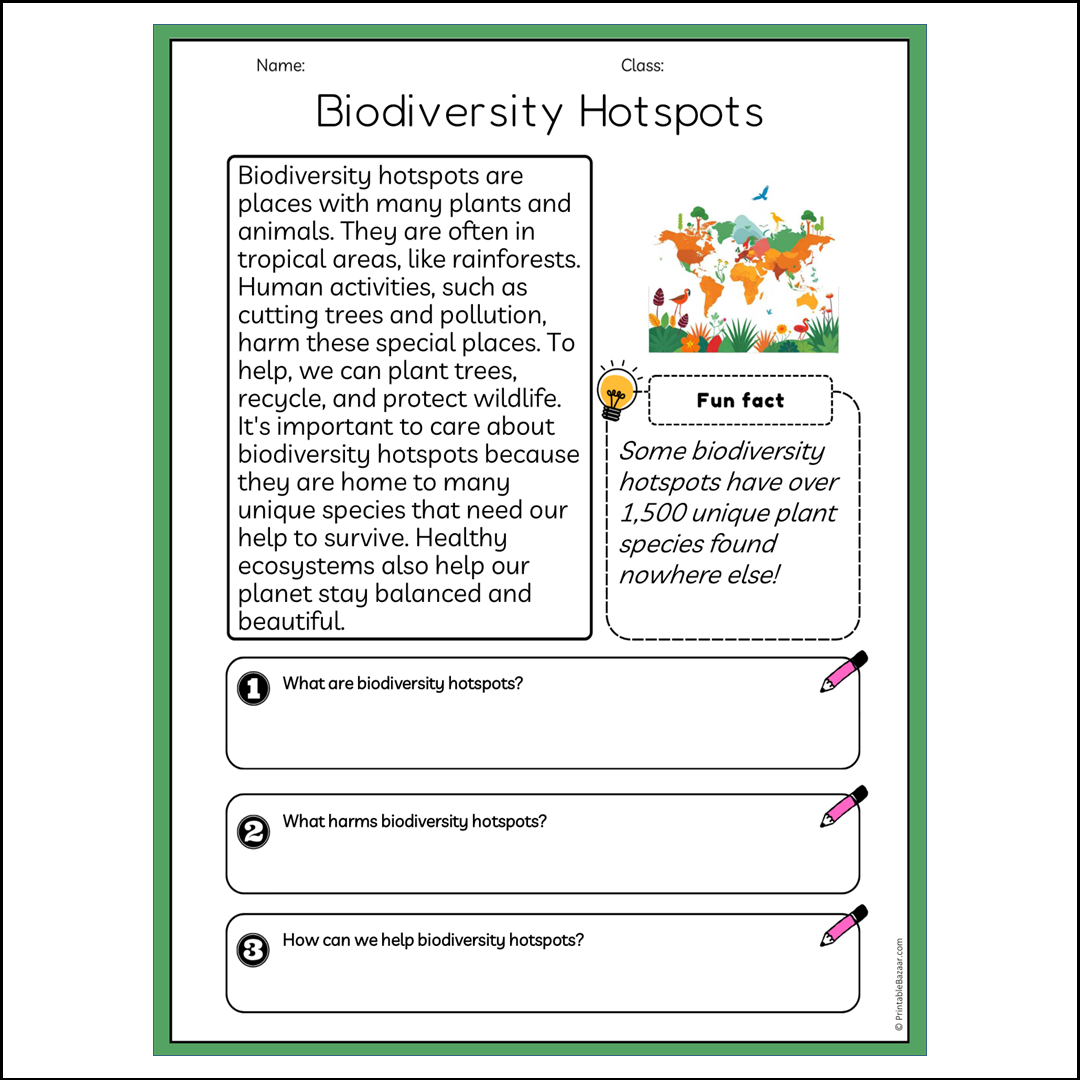 Biodiversity Hotspots | Reading Passage Comprehension Questions Writing Facts Worksheet