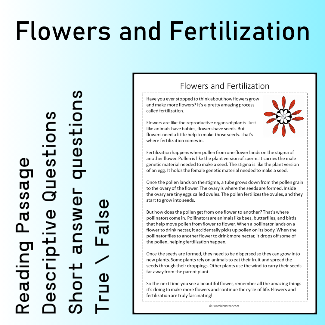 Flowers and Fertilization | Reading Comprehension Passage Printable Worksheet