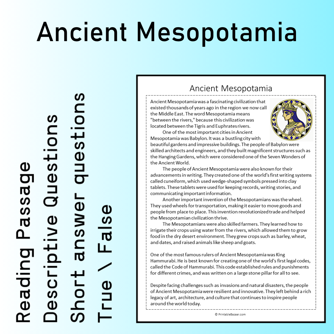 Ancient Mesopotamia | Reading Comprehension Passage Printable Worksheet
