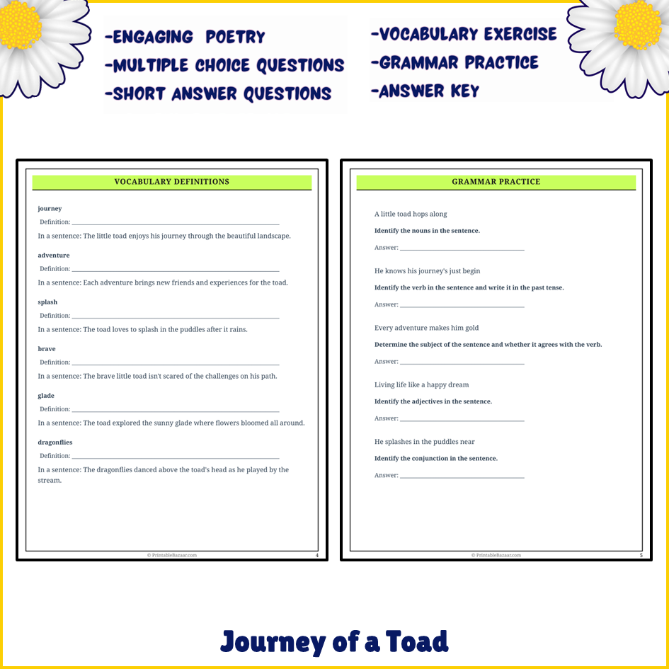 Journey of a Toad | Poem Grammar Worksheet Printable Activity