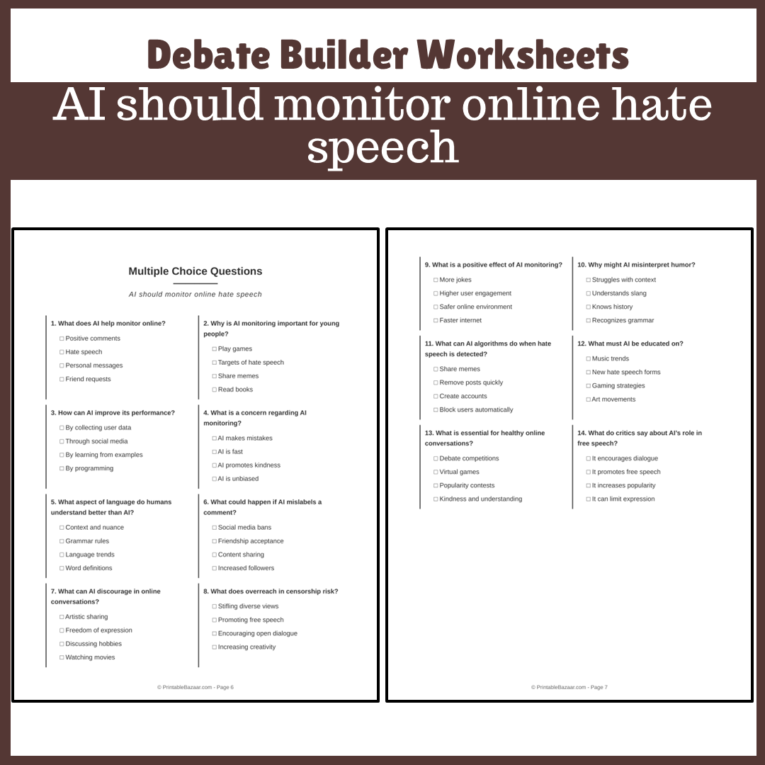 AI should monitor online hate speech | Favour and Against Worksheet Printable Activity