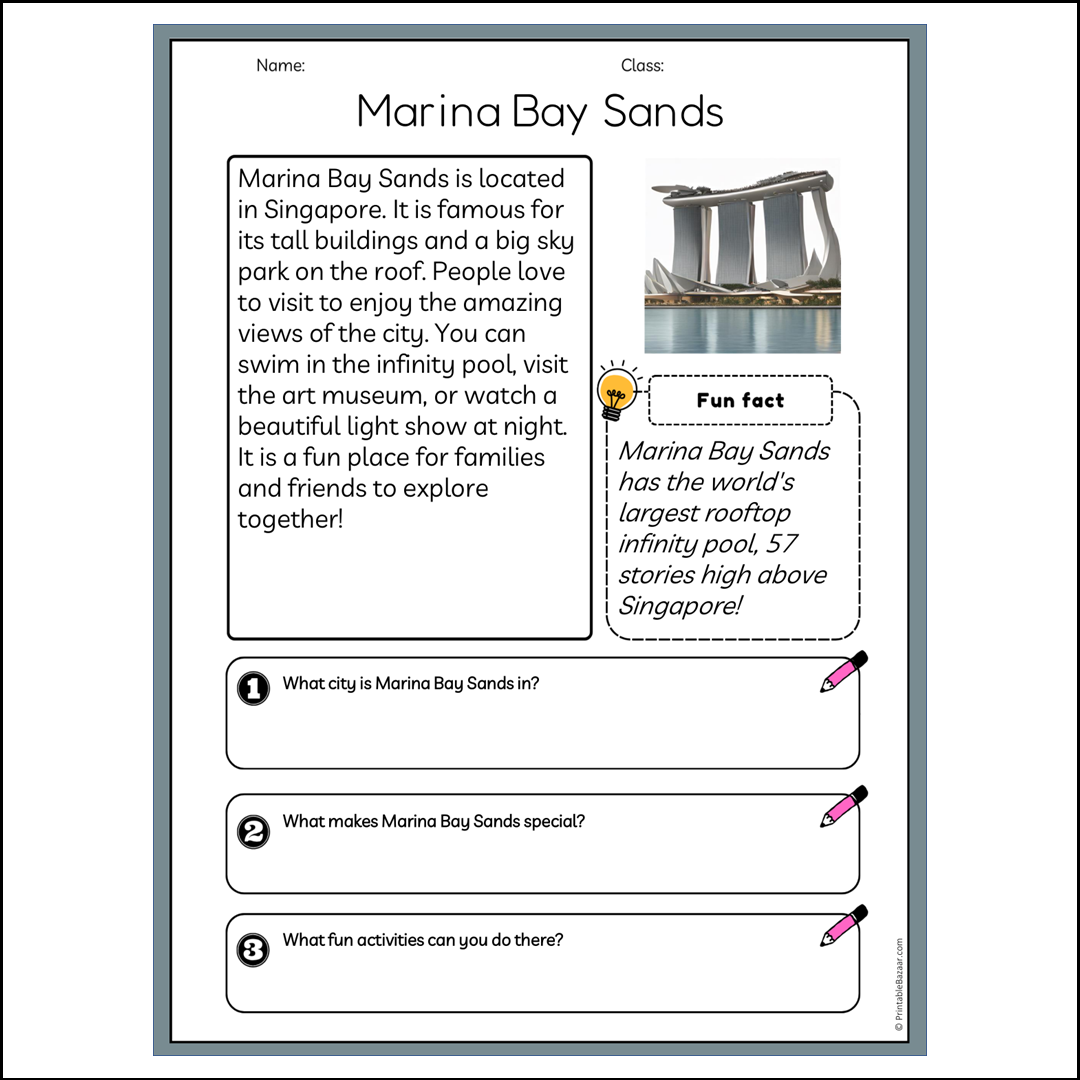 Marina Bay Sands | Reading Passage Comprehension Questions Writing Facts Worksheet