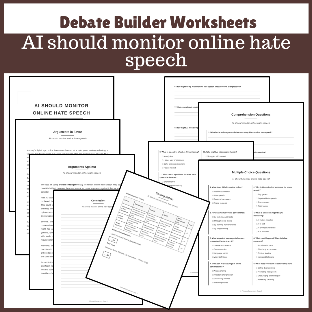 AI should monitor online hate speech | Favour and Against Worksheet Printable Activity