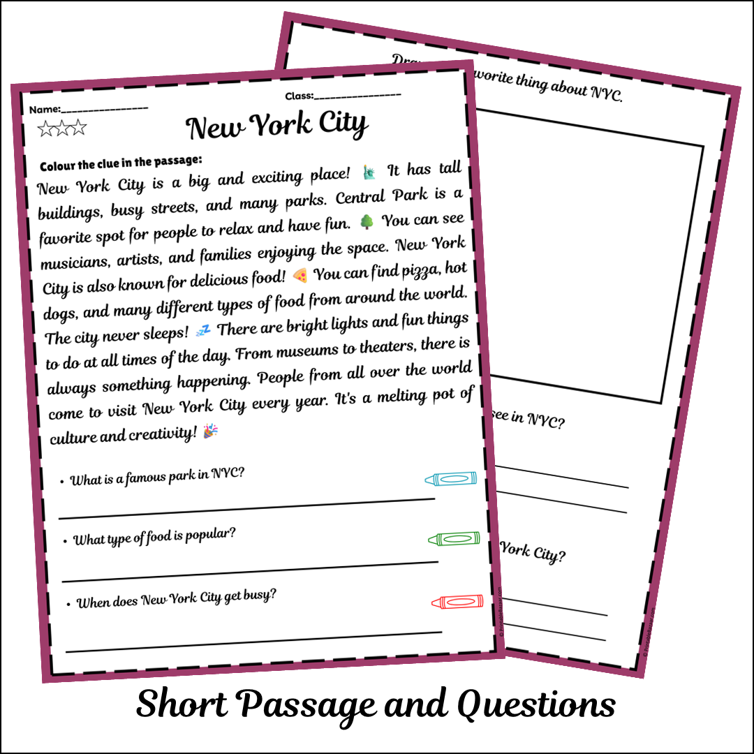 New York City | Short Reading Comprehension Creative Worksheet