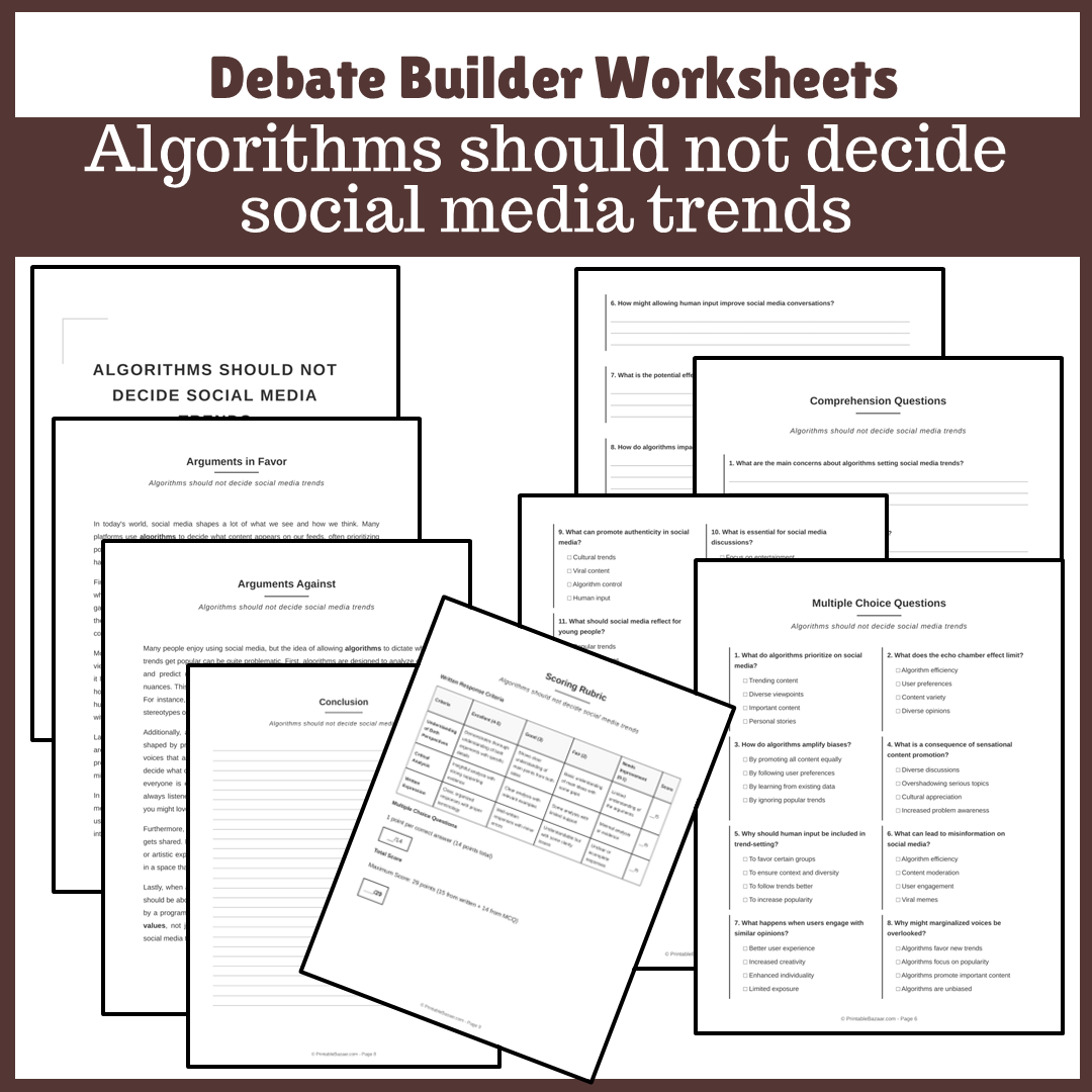 Algorithms should not decide social media trends | Favour and Against Worksheet Printable Activity