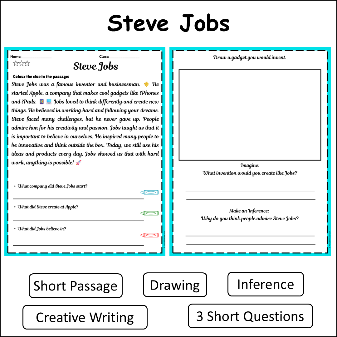Steve Jobs | Short Reading Comprehension Creative Worksheet