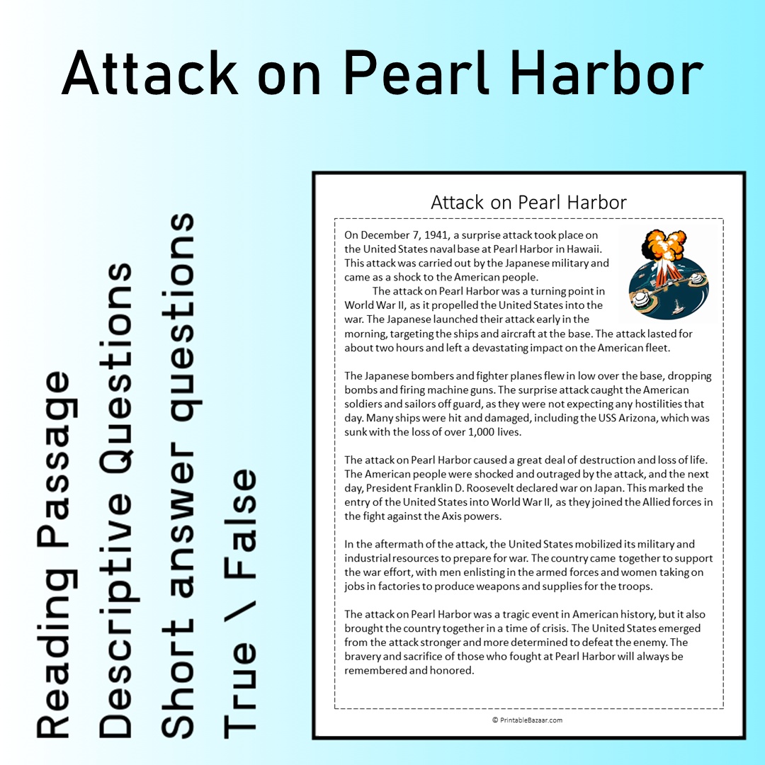 Attack on Pearl Harbor | Reading Comprehension Passage Printable Worksheet