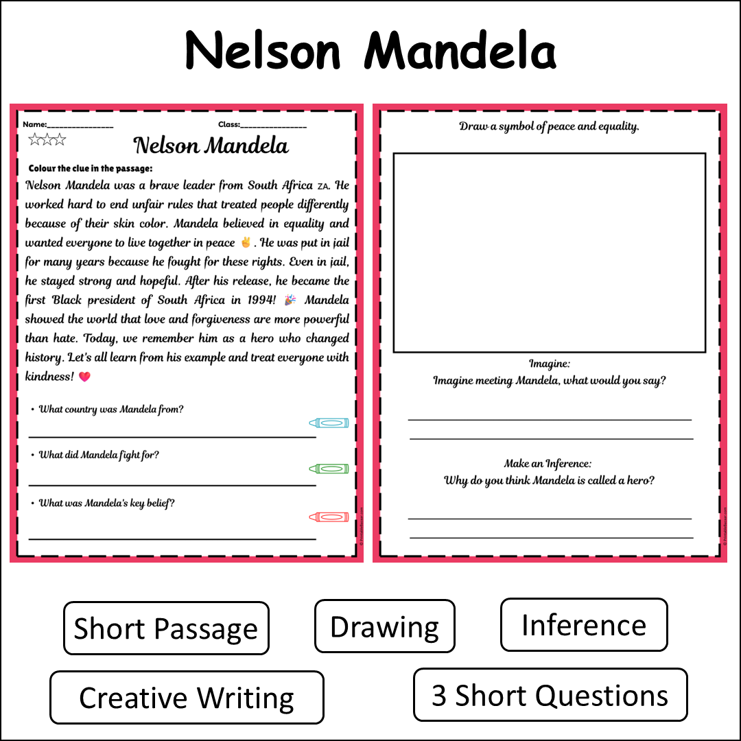 Nelson Mandela | Short Reading Comprehension Creative Worksheet