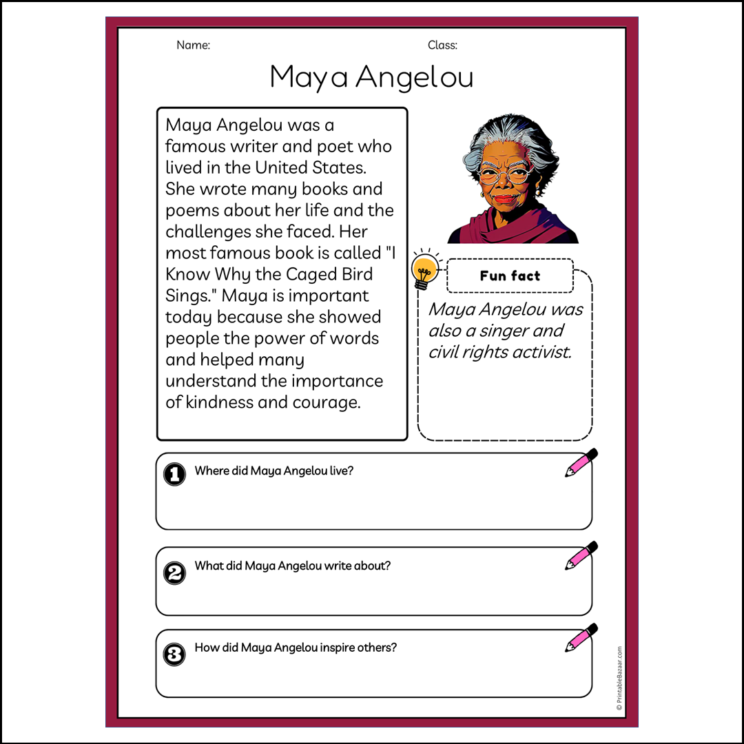 Maya Angelou | Reading Passage Comprehension Questions Writing Facts Worksheet