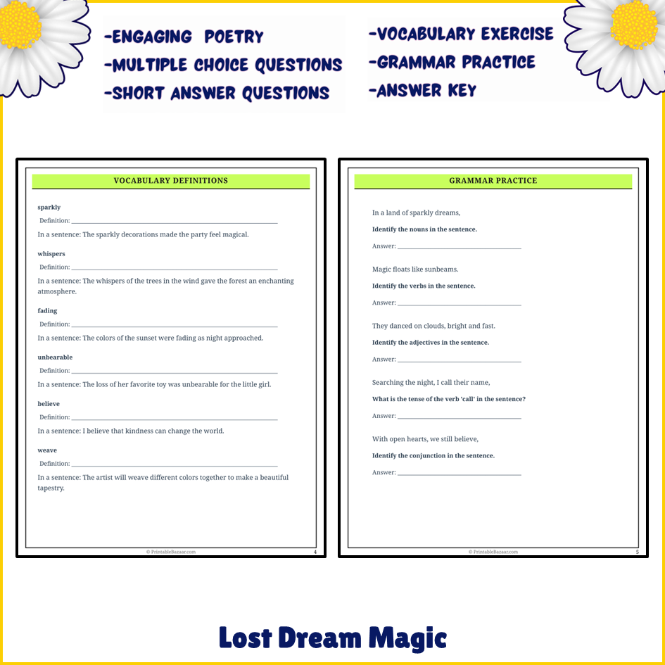 Lost Dream Magic | Poem Grammar Worksheet Printable Activity
